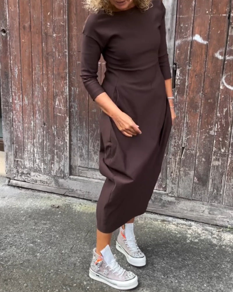 Simple Solid Color Long Sleeved Dress with Pockets