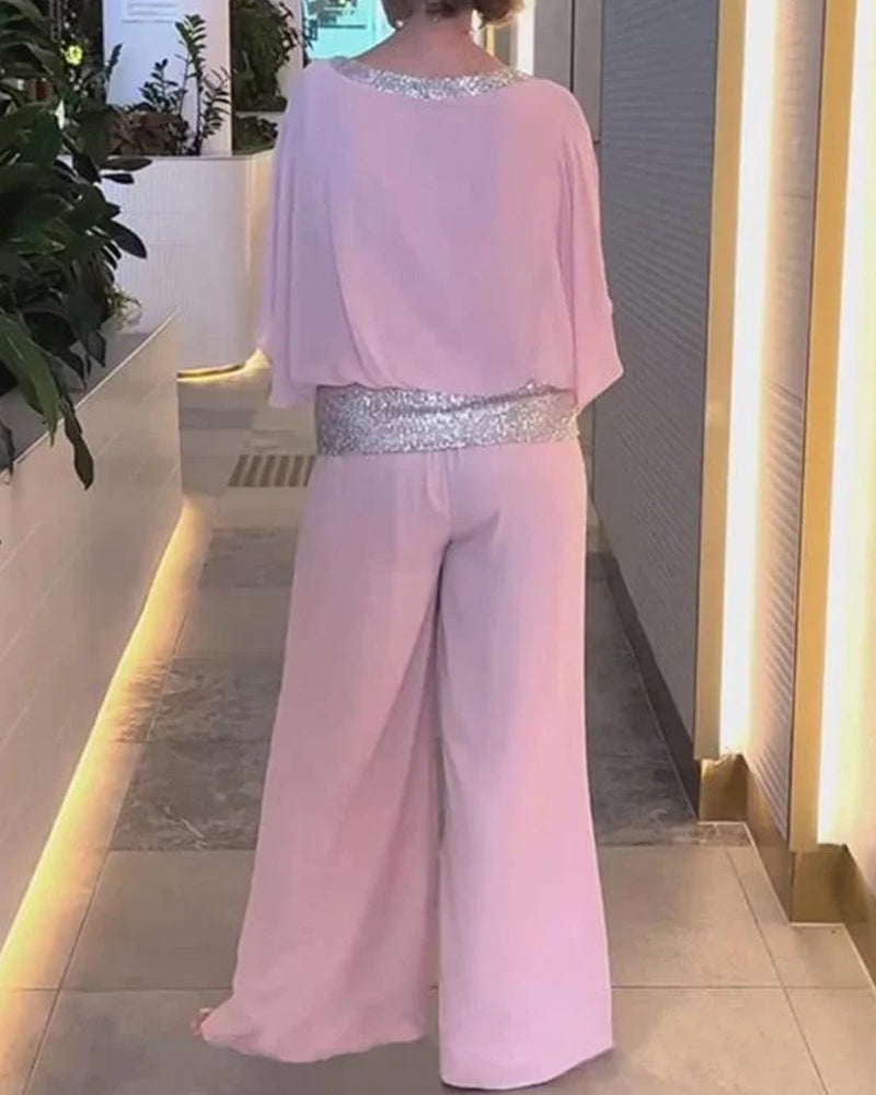Elegant Two Piece Set with Sequins and Color Block Design