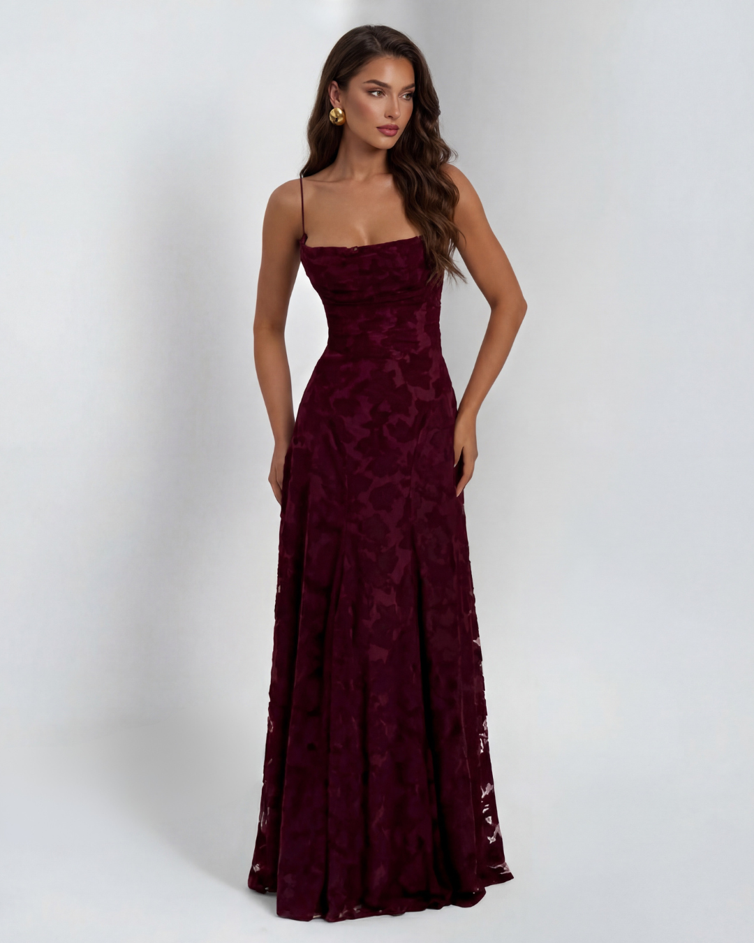 Formal Lace Maxi Dress with Spaghetti Straps and Straight Neckline