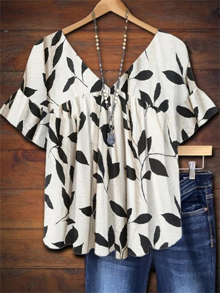 Ghislaine | Leaf Print Flutter Sleeve Blouse