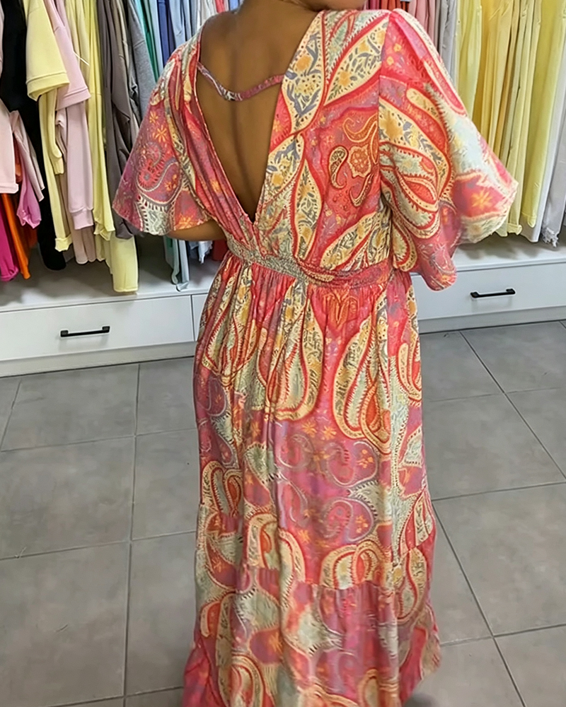 V-Neck Ruffled Printed Dress