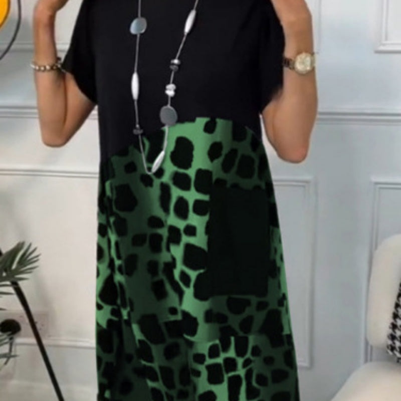 Loose Printed Dress with Round Neck and Short Sleeves