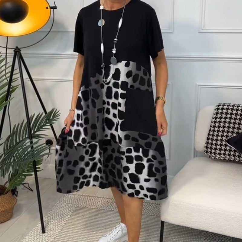 Loose Printed Dress with Round Neck and Short Sleeves