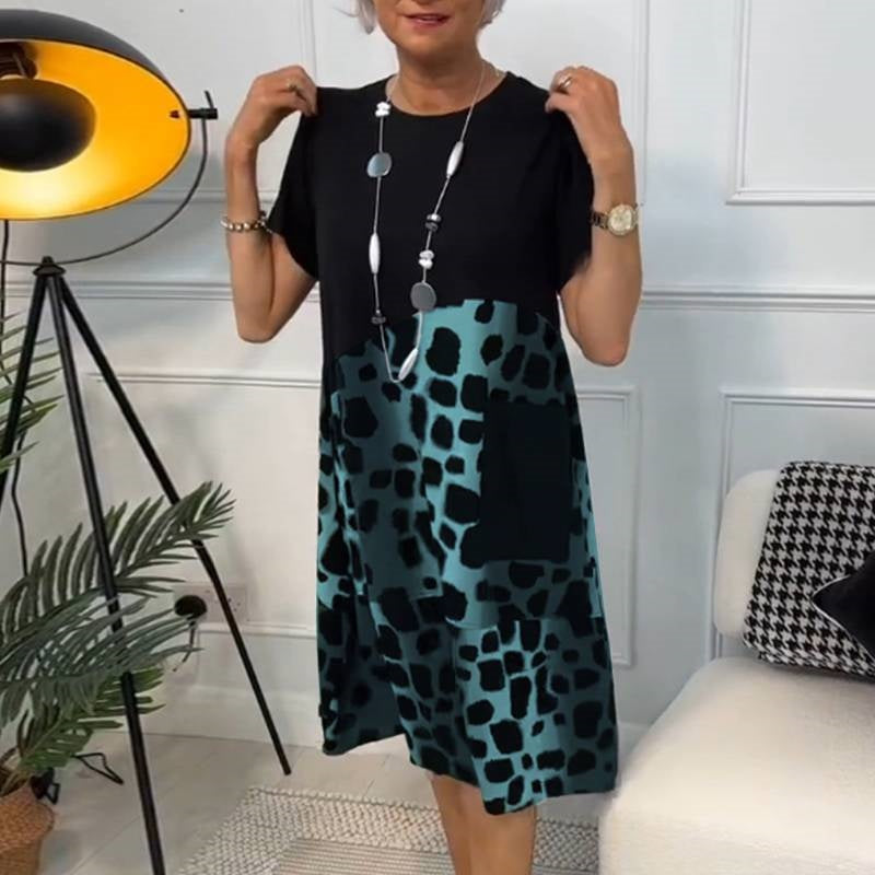 Loose Printed Dress with Round Neck and Short Sleeves