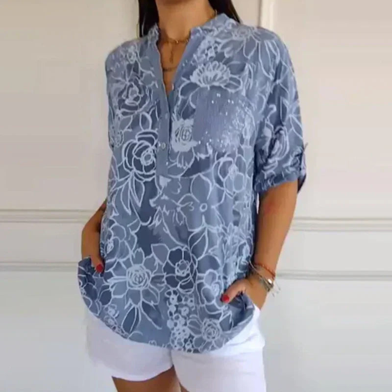 Women's Blouse with V-Neck and Floral Print