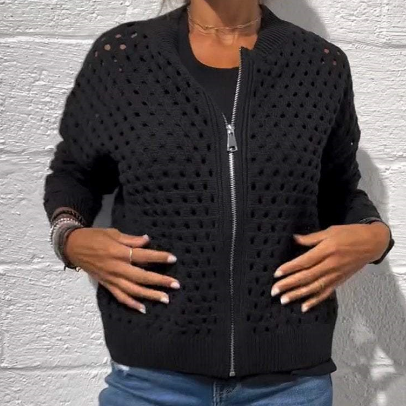 Casual Zip-Up Cardigan for Women with Hollow Design