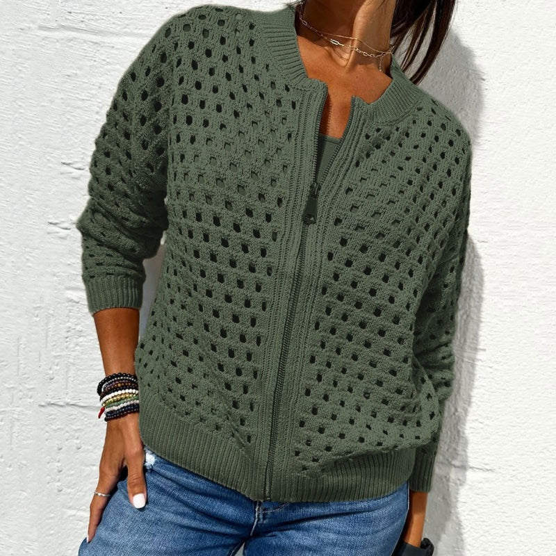 Casual Zip-Up Cardigan for Women with Hollow Design