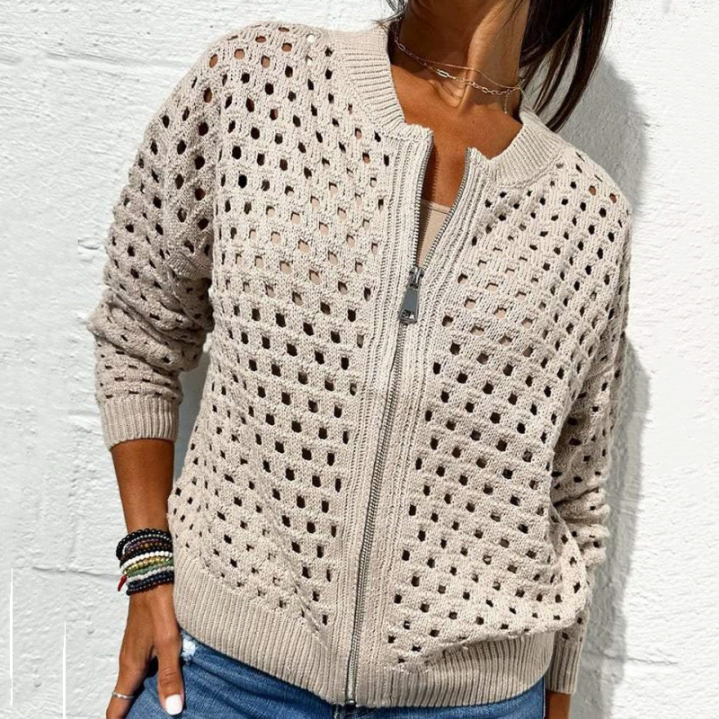 Casual Zip-Up Cardigan for Women with Hollow Design