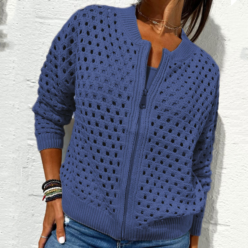 Casual Zip-Up Cardigan for Women with Hollow Design