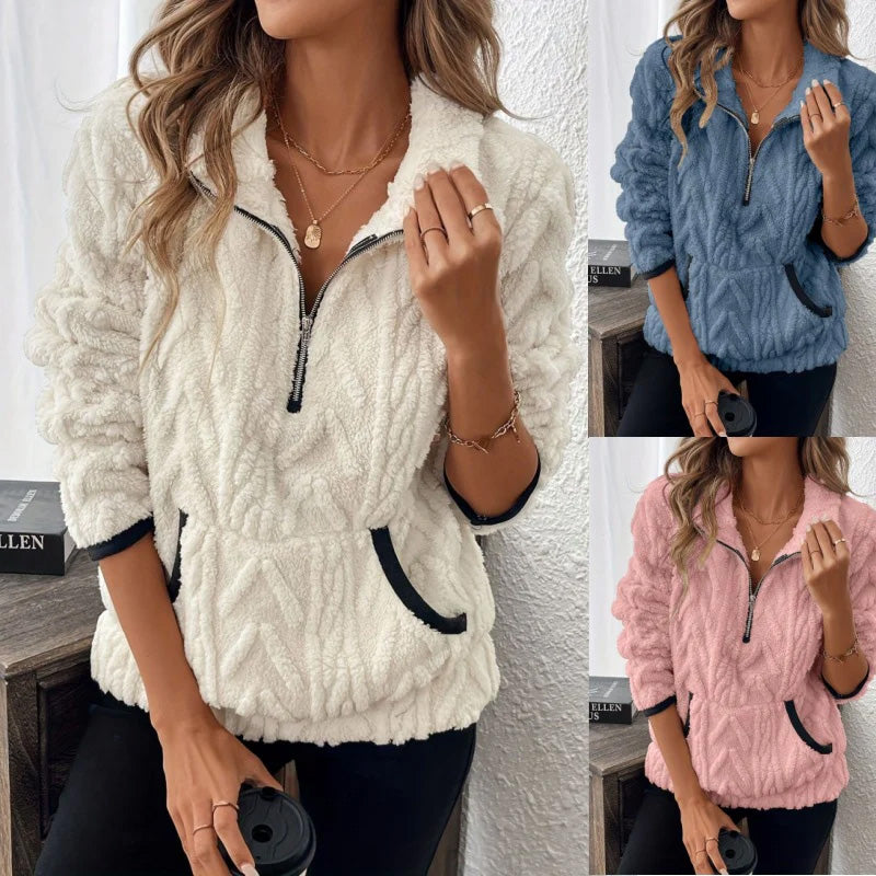 Fluffy Sweatshirt with Half Zipper  | Cloud Soft + Spacious Pockets Comfortable for Everyday Lounge