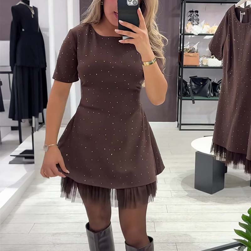 Fawnia | Sparkling Mini Dress with Short Sleeves and Lace Trimmings