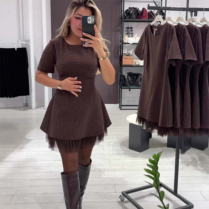 Fawnia | Sparkling Mini Dress with Short Sleeves and Lace Trimmings