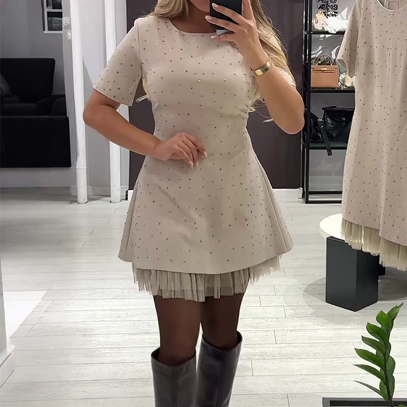 Fawnia | Sparkling Mini Dress with Short Sleeves and Lace Trimmings