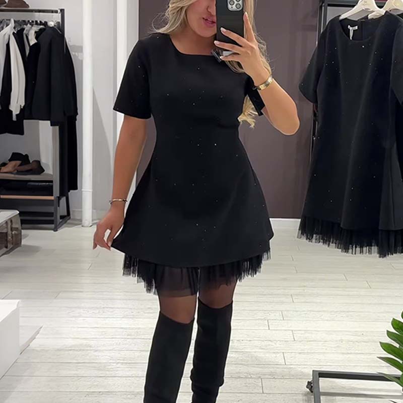 Fawnia | Sparkling Mini Dress with Short Sleeves and Lace Trimmings
