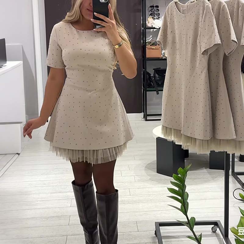 Fawnia | Sparkling Mini Dress with Short Sleeves and Lace Trimmings