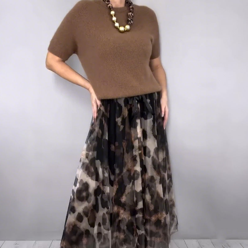 Two Piece Set for Women Comprising a Sweater and a Flowing Leopard Print Skirt