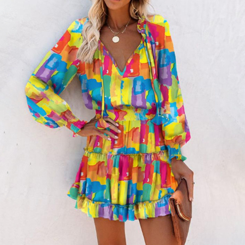 V-neck Mini Dress with Long Sleeves and Ruffled Hem for Women