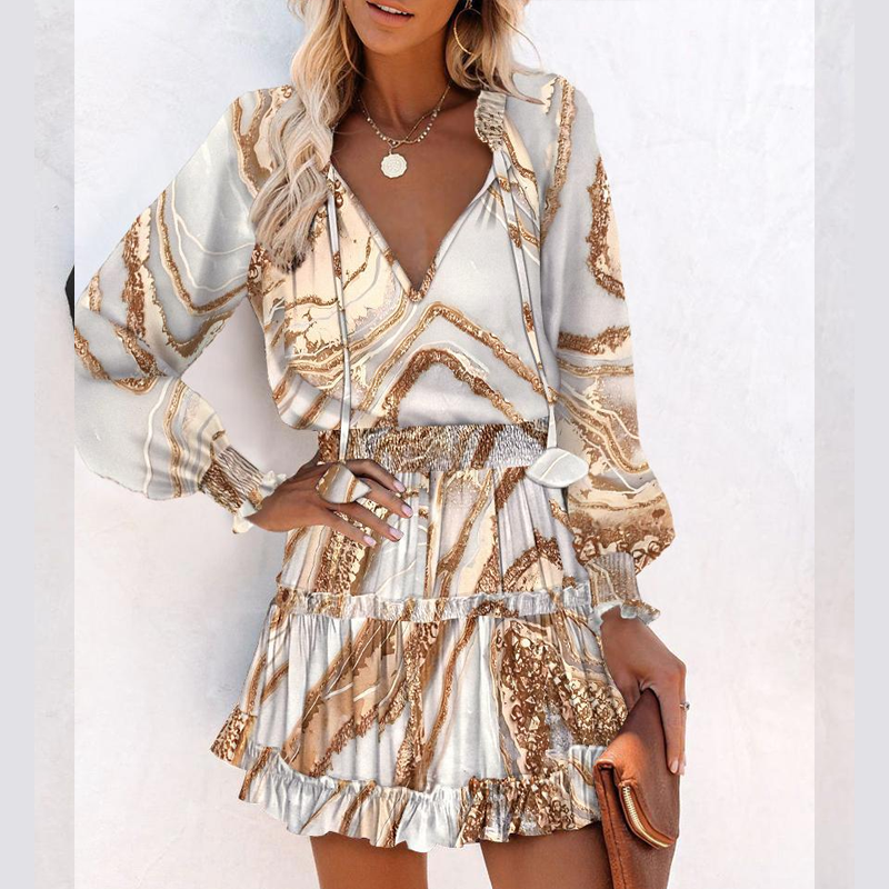 V-neck Mini Dress with Long Sleeves and Ruffled Hem for Women