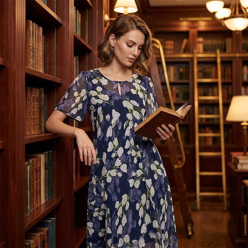 Short Sleeve A-Line Evening Dress  Elegant Floral Print, Double Layer Chiffon & Flattering Knee Length Cut