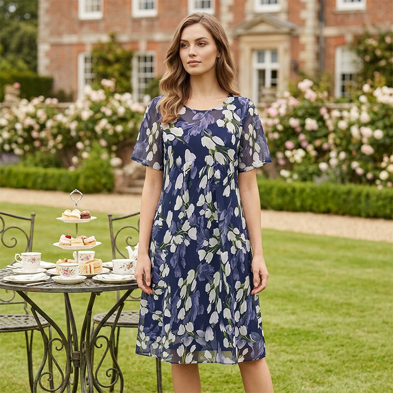 Short Sleeve A-Line Evening Dress  Elegant Floral Print, Double Layer Chiffon & Flattering Knee Length Cut