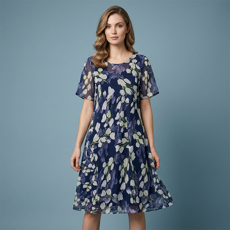 Short Sleeve A-Line Evening Dress  Elegant Floral Print, Double Layer Chiffon & Flattering Knee Length Cut