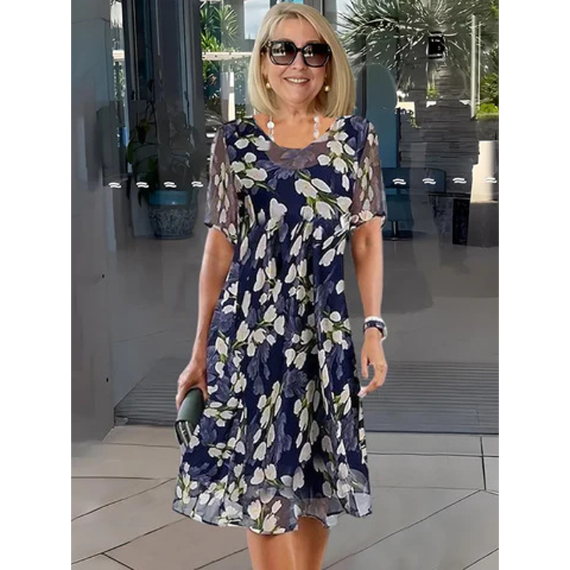 Short Sleeve A-Line Evening Dress  Elegant Floral Print, Double Layer Chiffon & Flattering Knee Length Cut