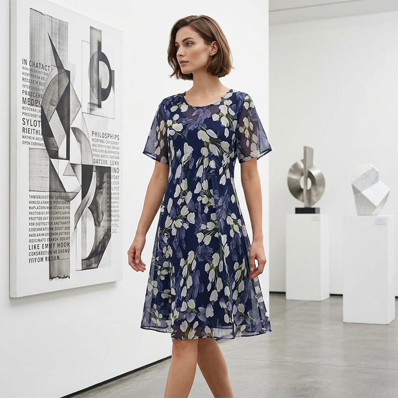 Short Sleeve A-Line Evening Dress  Elegant Floral Print, Double Layer Chiffon & Flattering Knee Length Cut