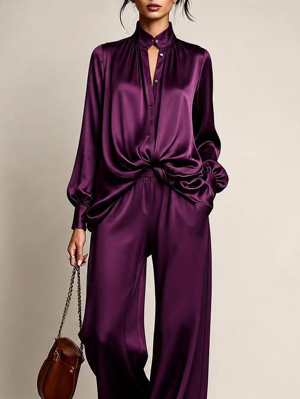 Womens Satin Stand Collar Button Down Shirt High Waist Wide Leg Trousers Luxury Purple Two Piece Set Outfit