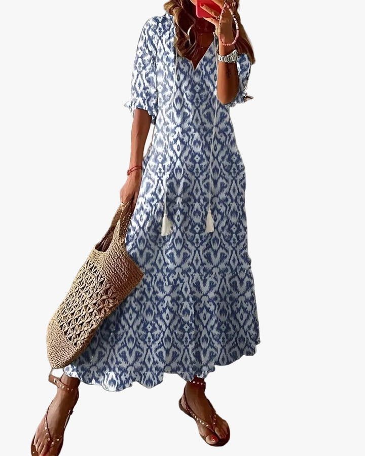 Women's Boho Maxi Dress in Woven Material with V Neck and Tassel Tie