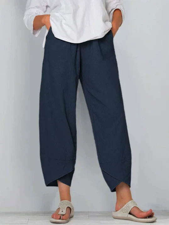 Women's Casual Cropped Pants with Pull-On Waist and Overlap Hem