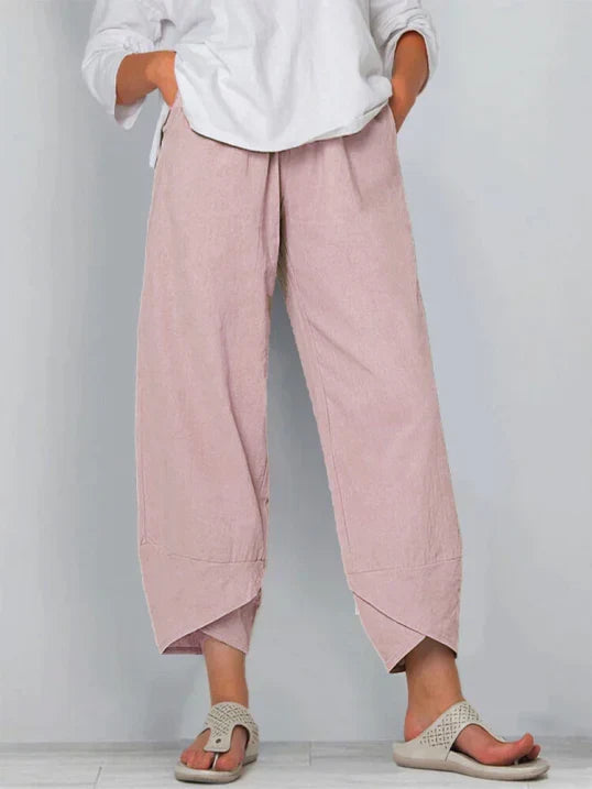 Women's Casual Cropped Pants with Pull-On Waist and Overlap Hem