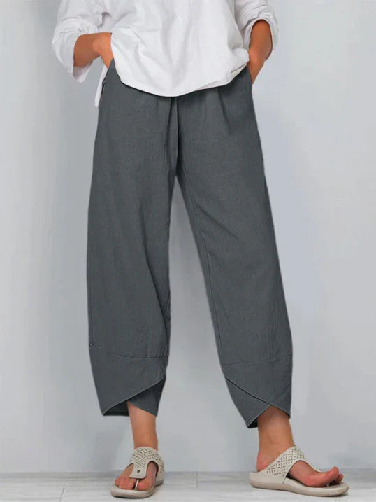 Women's Casual Cropped Pants with Pull-On Waist and Overlap Hem