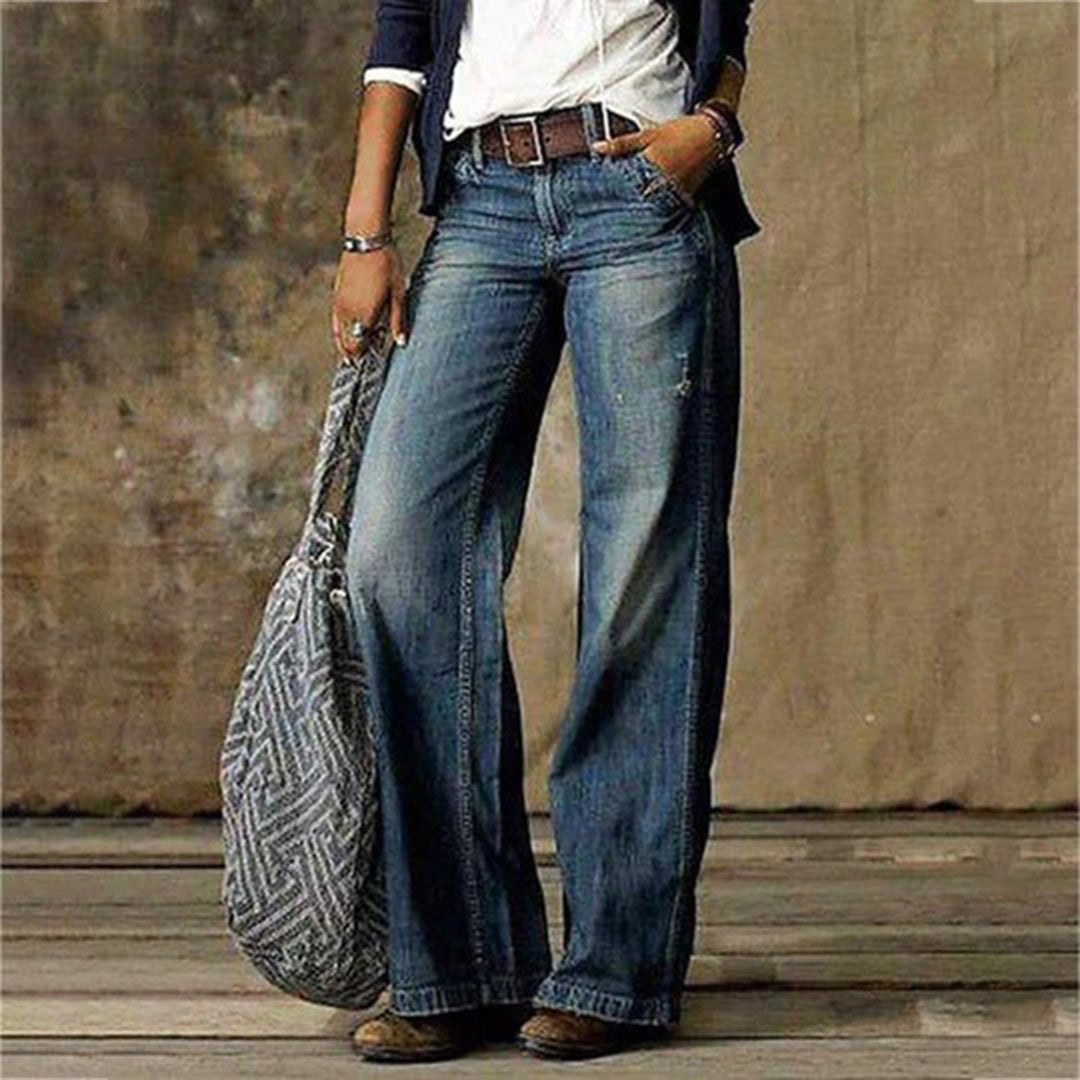 Women's Denim Jeans with High-Rise Waist and Wide Legs