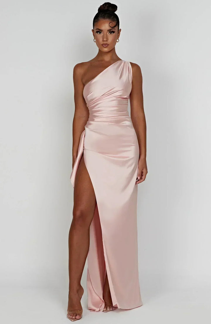Women's Formal Satin Maxi Dress with One-Shoulder Neckline and Side Slit