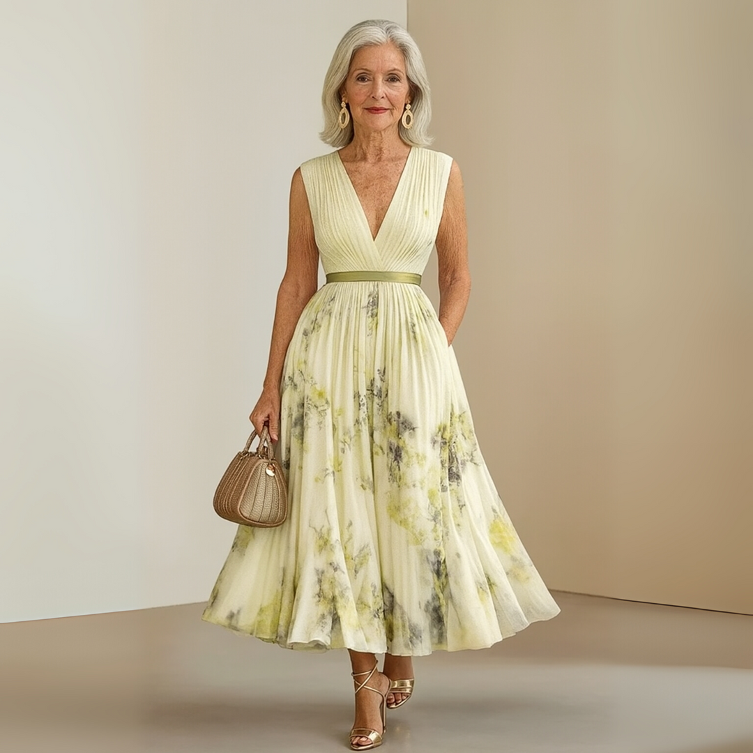 Women's Pleated Chiffon Maxi Dress with V-Neck and Pockets