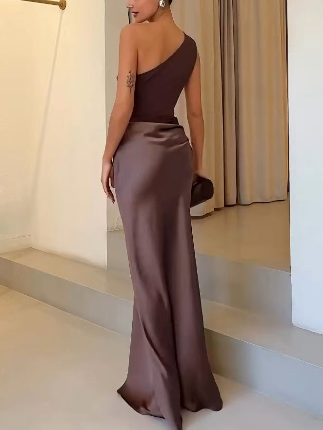 Women's Satin Maxi Dress with One-Shoulder Neckline and Pleated Waist