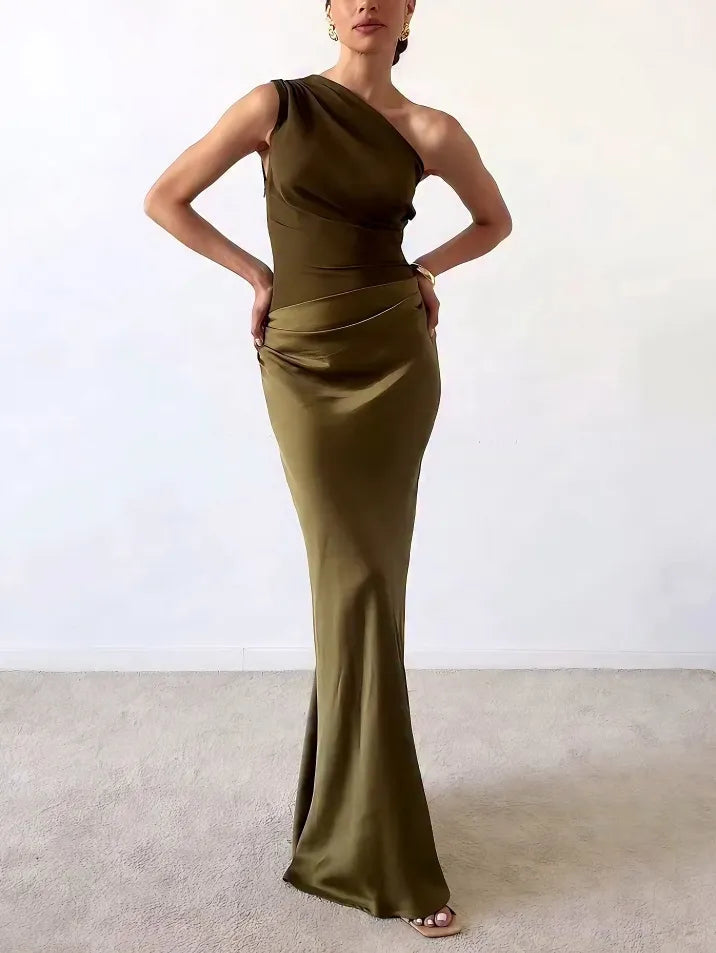 Women's Satin Maxi Dress with One-Shoulder Neckline and Pleated Waist