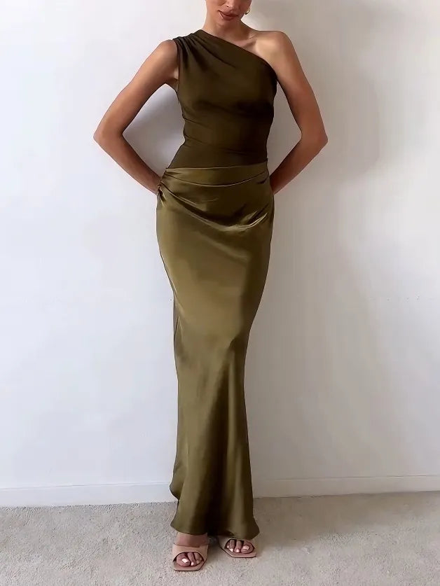 Women's Satin Maxi Dress with One-Shoulder Neckline and Pleated Waist