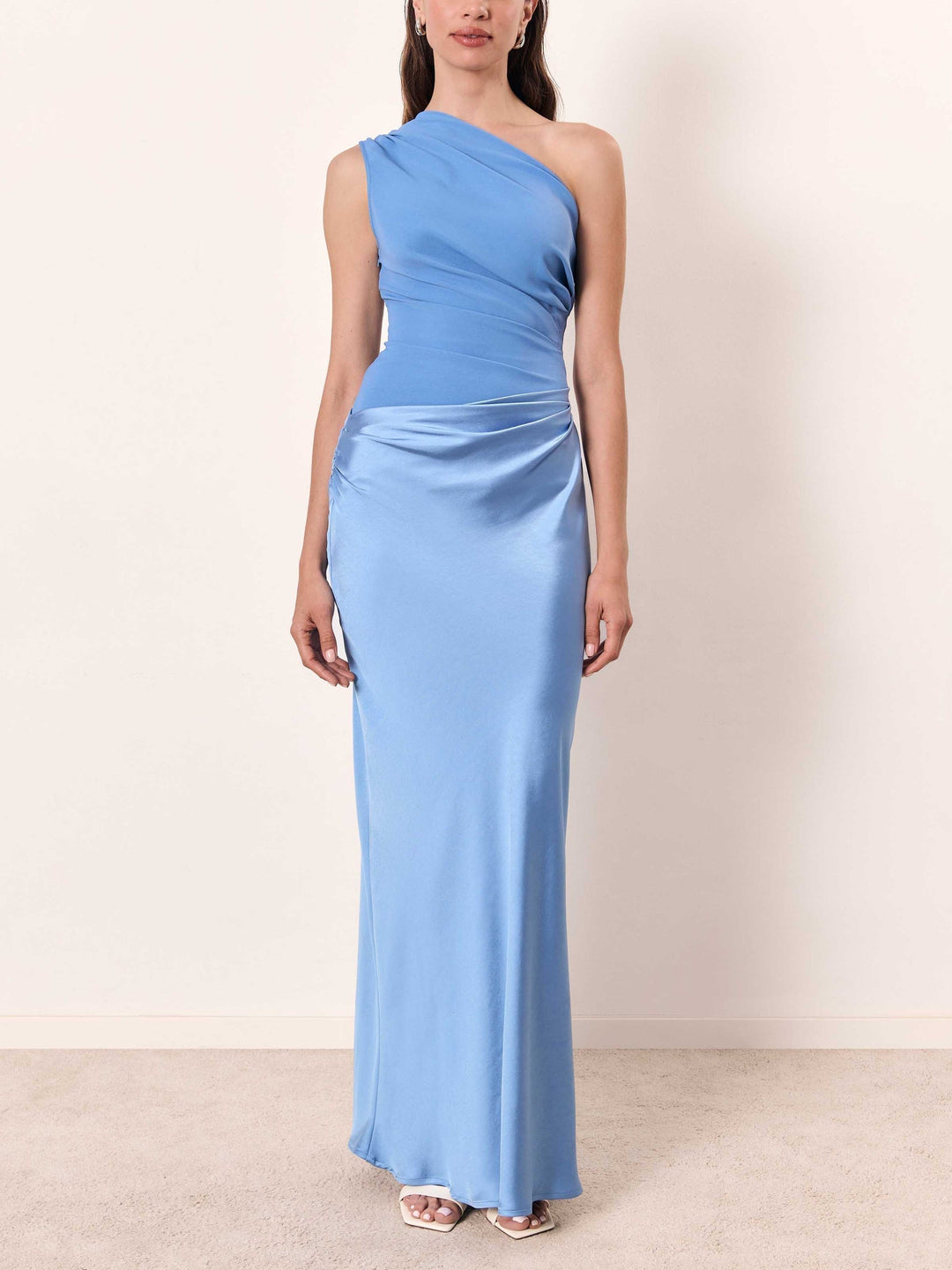 Women's Satin Maxi Dress with One-Shoulder Neckline and Pleated Waist