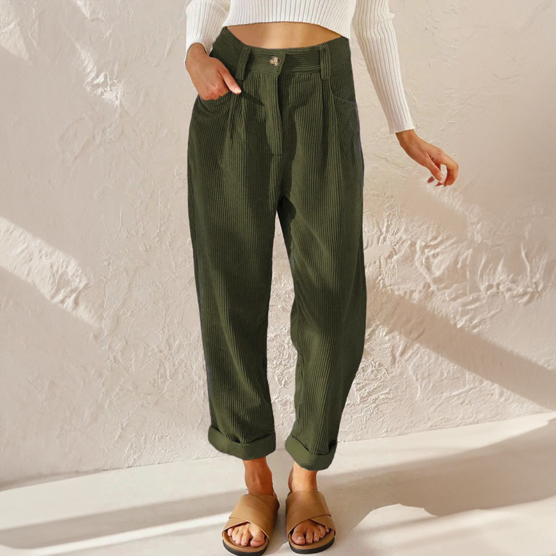 Women's Straight-Leg Corduroy Pants with Front Pleats and Cuffed Hem
