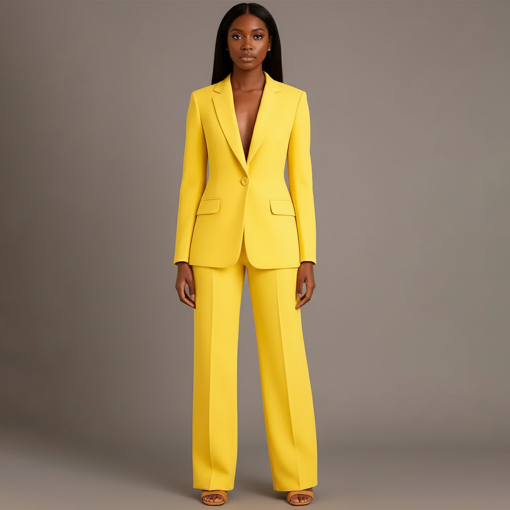 Women's Two-Piece Woven Suit Set with Notched Lapel and Wide-Leg Trousers