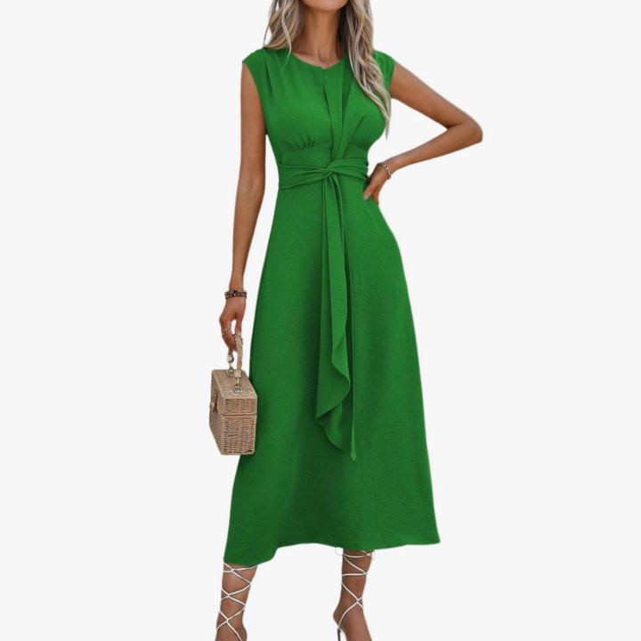 Women's Woven Maxi Dress with Round Neck and Waist Tie