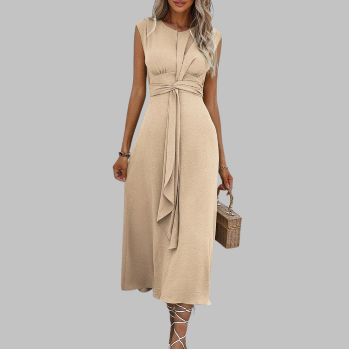 Women's Woven Maxi Dress with Round Neck and Waist Tie