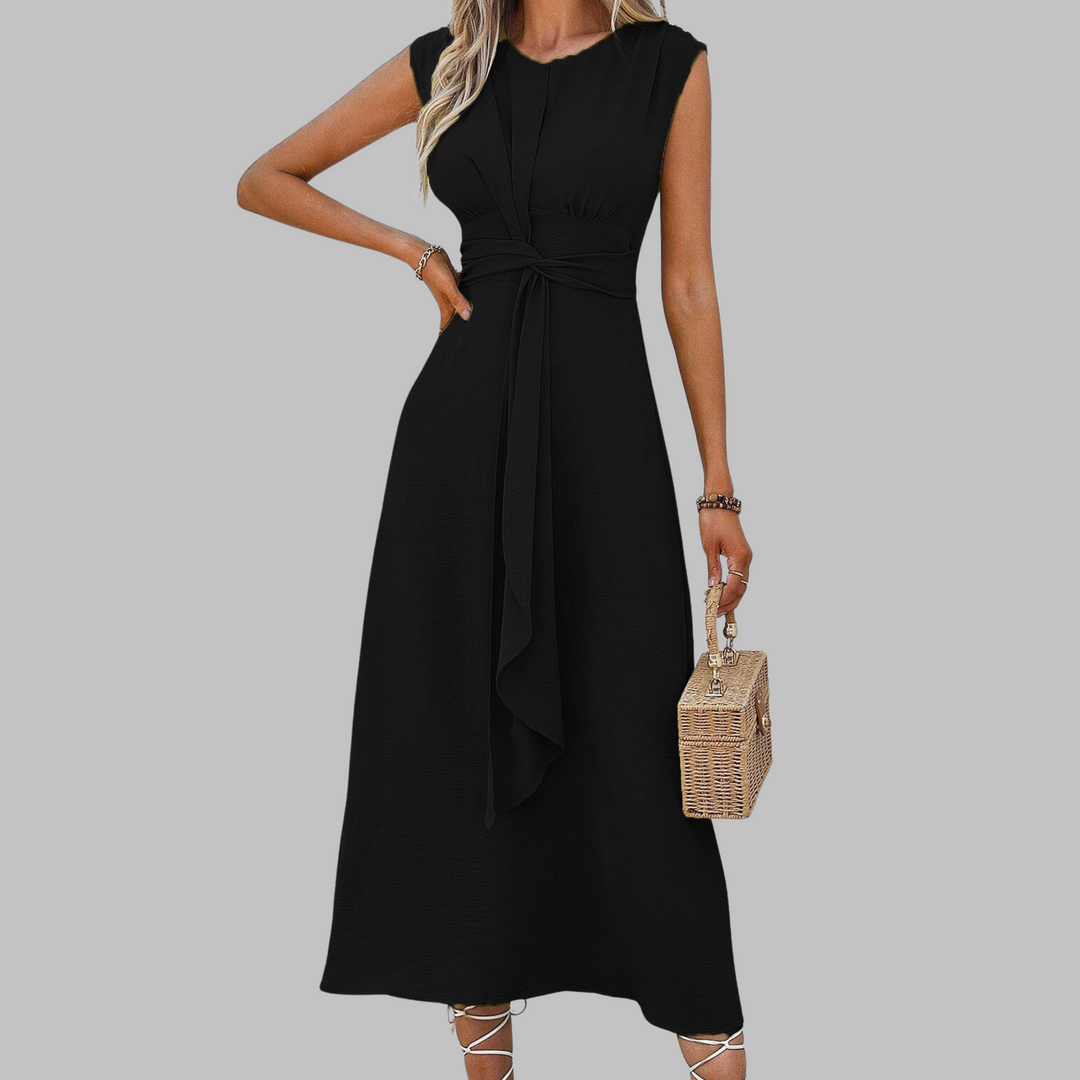 Women's Woven Maxi Dress with Round Neck and Waist Tie