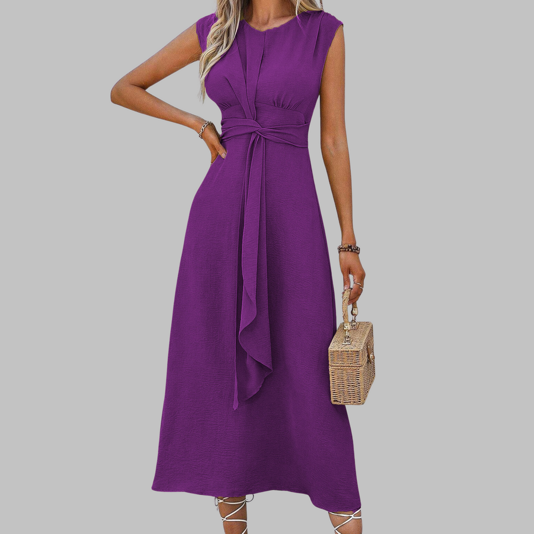 Women's Woven Maxi Dress with Round Neck and Waist Tie