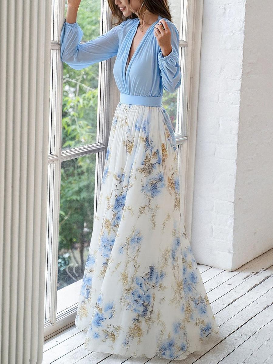 Women's Woven Maxi Dress with V Neck and Gathered Cuffs